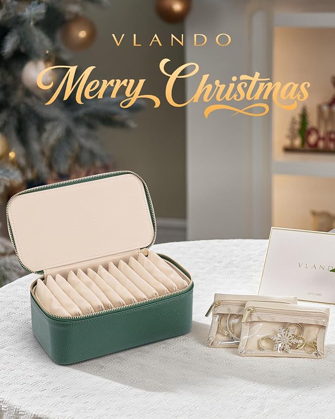 Vlando Jewelry Travel Case,Travel Jewelry Organizer with Clear Velvet Jewelry Bags 12Pcs Zipper Pouch for Women Girl Gift-Green