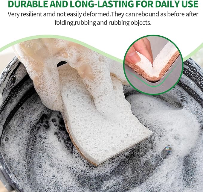 Sponges Kitchen Natural Dish Sponge Plant-Based Biodegradable Compostable Cellulose with Coconut Scrubber Sponge Non Scratch Pack of 12 Eco Friendly Kitchen sponges for Kitchen Dishes