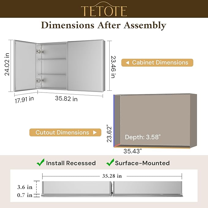 TETOTE 36 x 24 Medicine Cabinet with Mirror with Tempered Beveled Mirror Silver Medicine Cabinet Aluminum Cabinet DTC Hinges, Stepless Adjustable Shelves, Recessed/Surface-Mounted