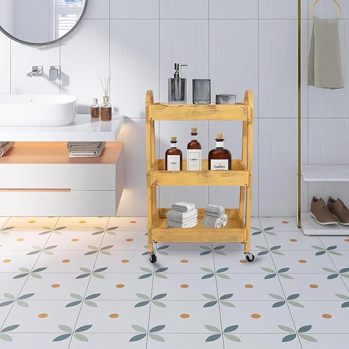 3-Tier Rolling Utility Cart with Lockable Wheels Storage Slim Storage Heavy Duty Cart Mobile Shelving Unit Craft Narrow Organizer for Bathroom Laundry Kitchen (Vintage Yellow)