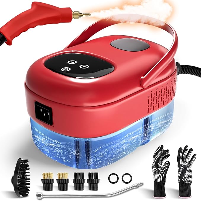 Steam Cleaner 2500W, Multipurpose Steamr for Cleaning, Handheld Steam Cleaner with Brushes, 15s Fast Heating Pressurized Steamer for Home Use, Portable Steamer for Car, Kitchen, Grout, Tile (Red)