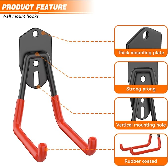 TORACK 24 PCS Garage Storage Hooks with Tracks, Wall Mount Tool Organizer for Garden Tools, Ladders, Cords, Folding Chairs, Shovels and Rakes, Shelving Hooks for Keyhole Style Shelving Units