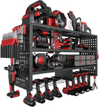 Power Tool Organizer Wall Mount, Heavy Duty 4-Tier Garage Storage Rack with Hooks and Cordless Drill Holder, Utility Racks for Screwdrivers, Pliers, Hammers,AngleGrinder, Shelf for Workbench
