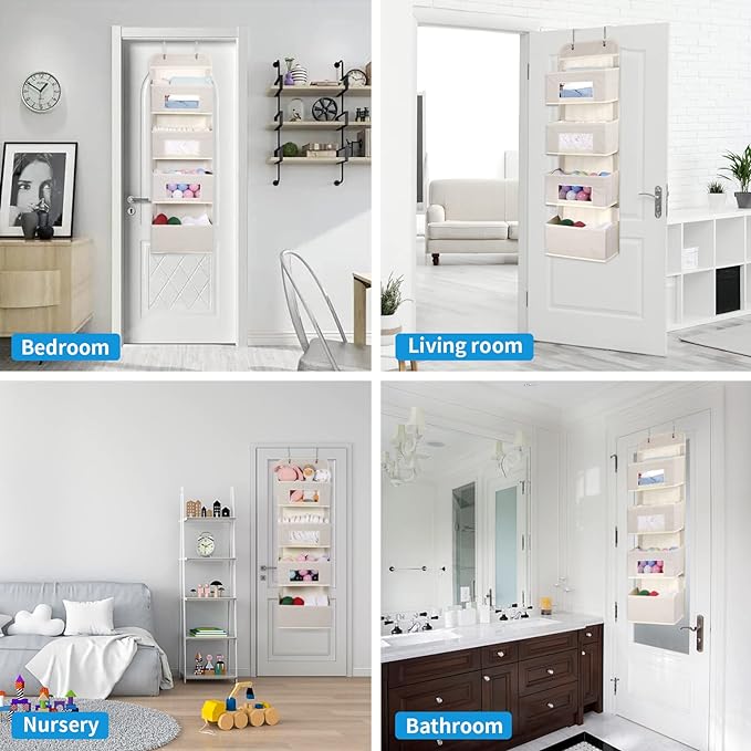 MAX Houser 4-Shelf Over The Door Hanging Organizer with 2 Metal Hooks, 4 Pocket Swing-Proof Behind Door Organizers with Clear Windows for Nursery Bathroom Closet,Dorm,Baby Diapers, Kids Toys (Beige)