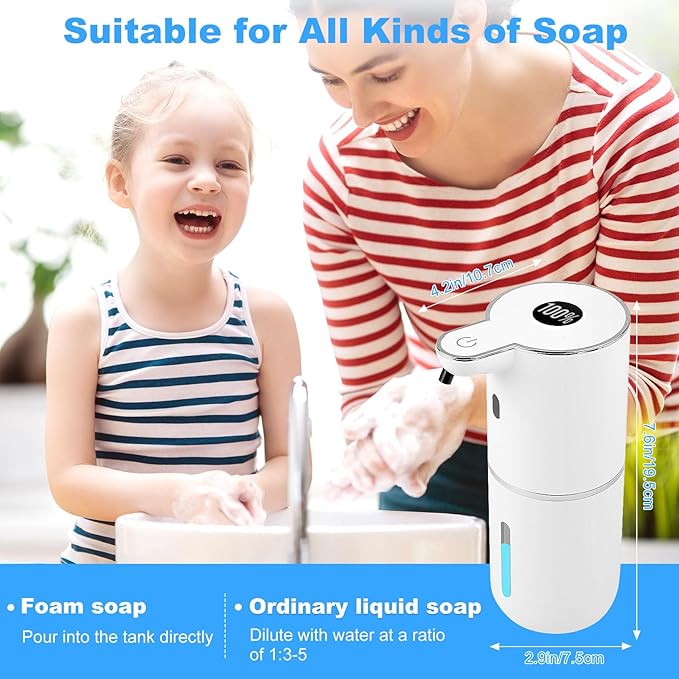 Automatic Soap Dispenser Touchless, 6-Level Foaming Hand Soap Dispenser for Bathroom Kitchen, 1200mAh Rechargeable Dish Soap Dispensers,12.8oz/380mL,Waterproof,Hands-Free,Wall Mount