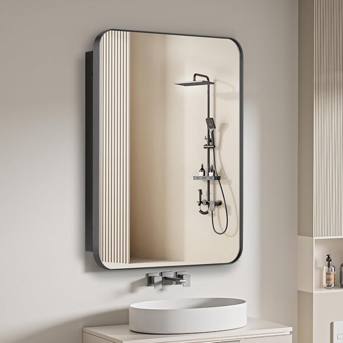 Bathroom Medicine Cabinet with 20"x30" Stainless Steel Framed Mirror,Recessed or Surface Mounted Bathroom Mirror Cabinet,Storage Cabinet for Bathrooms, Guest Rooms, Apartments, Farmhouse Decor