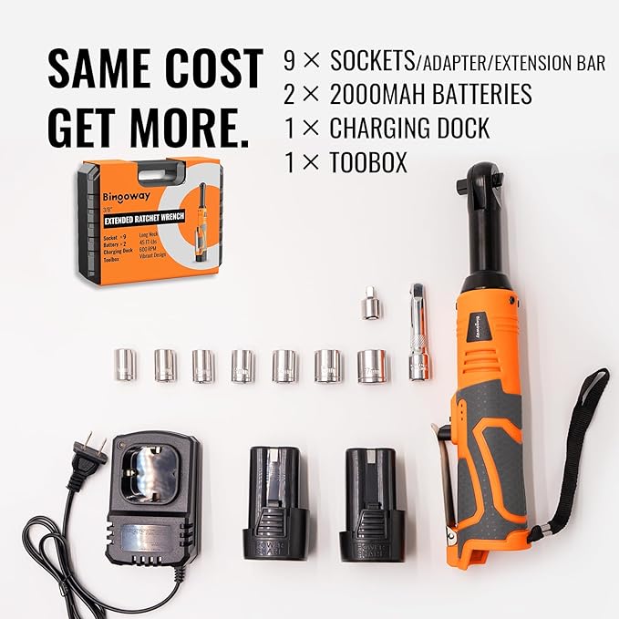 3/8" Extended Electric Ratchet Wrench Set, 45ft-lbs(61N.m) 16V Cordless Long Neck Power Ratchet Wrench Kit with 2pcs Batteries, LED Light, 9 Sockets, Toolbox, Variable Speed, For Housework, Car Repair
