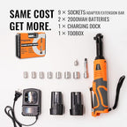 3/8" Extended Electric Ratchet Wrench Set, 45ft-lbs(61N.m) 16V Cordless Long Neck Power Ratchet Wrench Kit with 2pcs Batteries, LED Light, 9 Sockets, Toolbox, Variable Speed, For Housework, Car Repair
