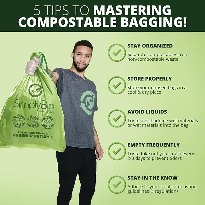13 Gallon Compostable Trash Bags Liners Drawstring, Heavy Duty Extra Thick 1 Mil, 49.21 Liter, 30 Bags, Tall Kitchen Food Scrap Waste Bag, ASTM D6400, US BPI and OK Compost Home Certified