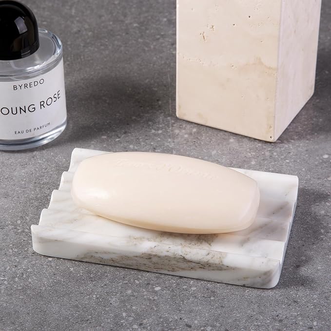 2PCS Koville Italian Natural Marble Soap Dish for Shower, Multi-Color Stone Soap Tray for Bathroom, Bar Soap Holder for Sink, Stripe Grooves Soap Saver Sponge Holder (White/Brown Random)