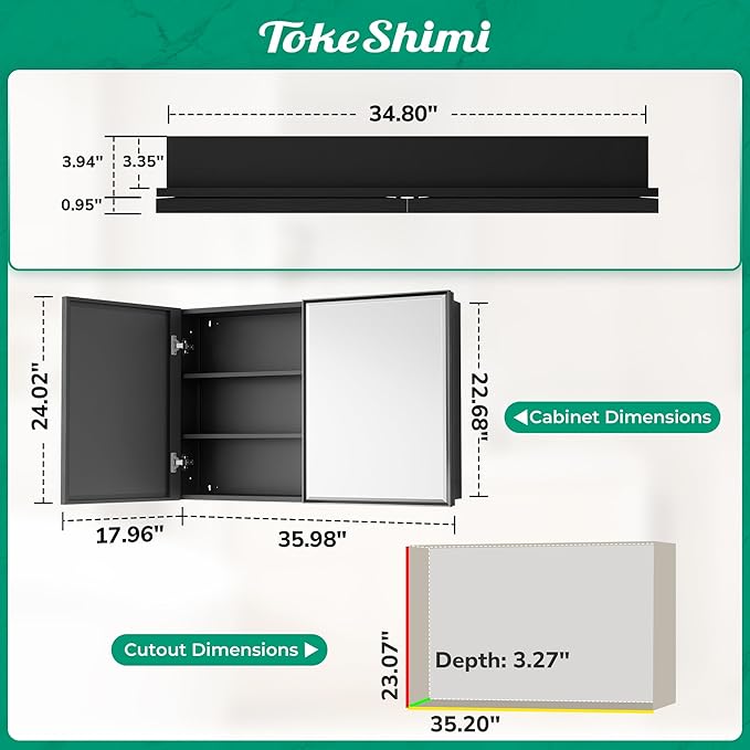 TokeShimi 36x24 Recessed Medicine Cabinet with Mirror Black, Beveled Bathroom Mirror with Storage Aluminum, Surface Mounted Metal Medicine Cabinets for Bathroom Vanity Wall