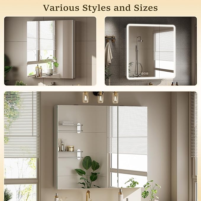 Bathroom Medicine Cabinet Mirror with Storage, 36 Inch x 26 Inch Silver Medicine Cabinet with Double Door & Adjustable Shelves for Vanity, Aluminum Surface, Wall-Mount or Recessed