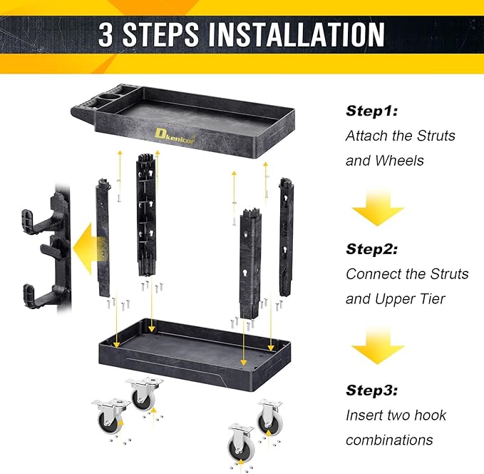 Heavy Duty Plastic Utility Cart 850Lbs, 34" x 17" Rolling Work Cart with Wheels - 2 Tier Service Cart for Warehouse/Garage/Garden - Upgraded 2 Side Tube Hooks, 360° Swivel Lockable Wheels