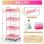 Goovilla 4 Tier Rolling Utility Cart Organizer with Removable Drawer, Stable and Sturdy Pink Rolling Storage Carts with 2 Lockable Wheels for Bathroom, Kitchen, Snack, Craft, Makeup, Baby Essentials