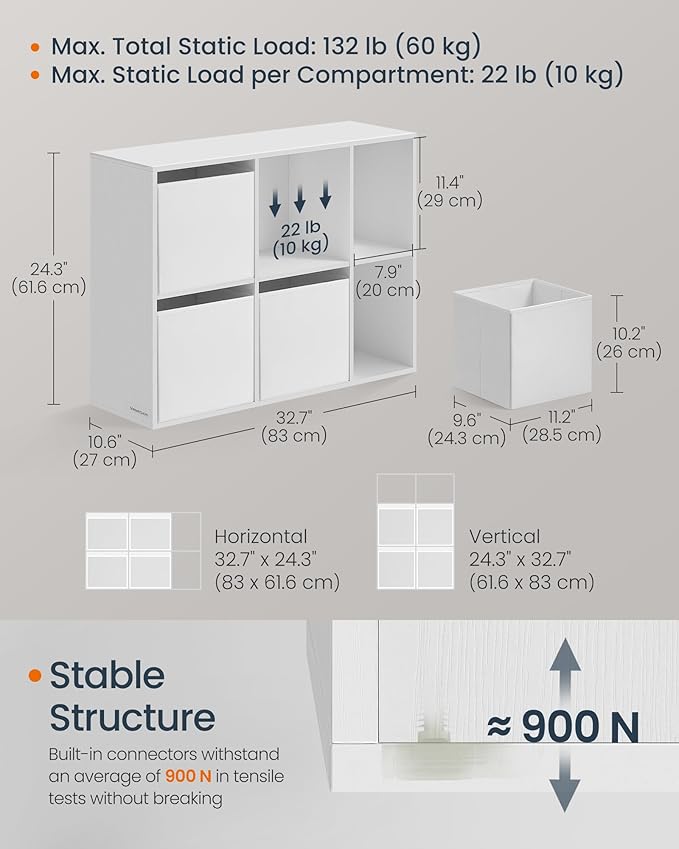 SONGMICS HOME Bookshelf, Superfast Toolless Assembly, Cube Storage Organizer with 6 Compartments, Bookcase, 4 Fabric Drawers, 10.6 x 32.7 x 24.3 Inches, Snow White ULBC196W01