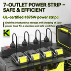 KAFAHOM Power Tool Organizer with Charging Station,9 Drill Holder Wall Mount,4 Layer Durable Metal Cordless Drill Storage for Garage Organization,Battery Tool Rack Built in 7 Outlet Power Strip Black