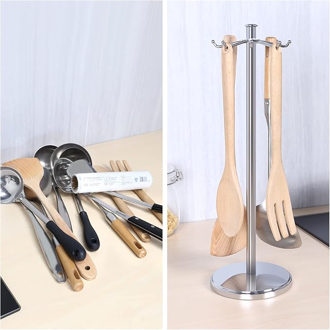 Kitchen Countertop Utensil Holder, Stainless Steel Rotatable Cooking Utensils Holder with 8 Rotating Hooks, Hanging Organizer for Spoon, Spatula, Soup Ladle, Spaghetti Server, Skimmer, Chrome