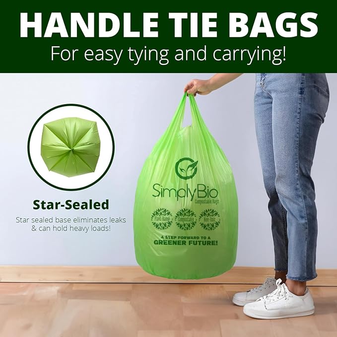 13 Gallon Compostable Trash Bags Liners with Handle-Tie, Thick 0.87 Mil, 49.21 Liter, 30 Bags, Tall Kitchen Food Scrap Waste Bag, ASTM D6400, US BPI and OK Compost Home Certified