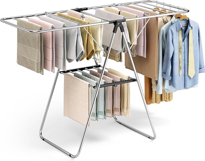 KINGBOARD Clothes Drying Rack, Laundry Drying Rack with Height-Adjustable, Foldable Gullwing for Easy Storage, No Assembly, Indoor Outdoor Use, 56.4" D x 21.6" W x 39.3" H, Black