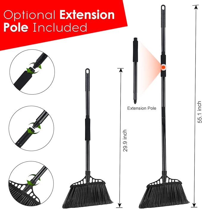 3-Pack Heavy Duty Broom, Commercial Broom with 55" Long Handle Outdoor Indoor, Industrial Brooms for Sweeping Garage Concrete Courtyard Patio Home Kitchen Office - All Black
