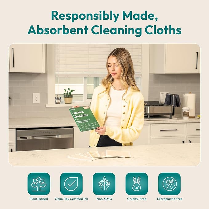 FEBU Swedish Dishcloths for Kitchen | 5 Pack Floral Reusable Paper Towels Washable | Swedish Dish Towels | Non-Scratch Cellulose Sponge Cloths | No Odor, Biodegradable Cleaning Cloths