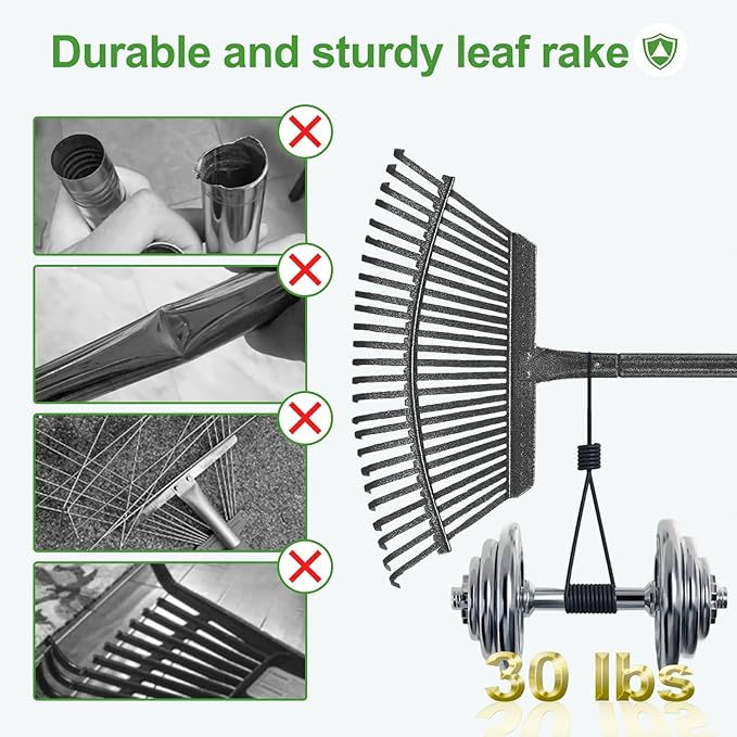 25 Metal Tines Rake for Leaves, 36-73" Adjustable Handle Garden Rakes,18" Wide Heavy Duty Rake with 32Gallon Reuseable Leaf Bag, A Great Cleanup Set for Lawn, Garden, Yards, Shrub,Grass, RV Camping