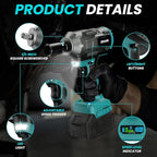 Cordless Impact Wrench 1/2 inch for Makita 18V Battery, Impact Wrench 1360N.m(950Ft-lbs) High Torque Brushless Electric Impact Gun, Power Impact Driver with 3-Mode Speed, LED Work Light(no battery)