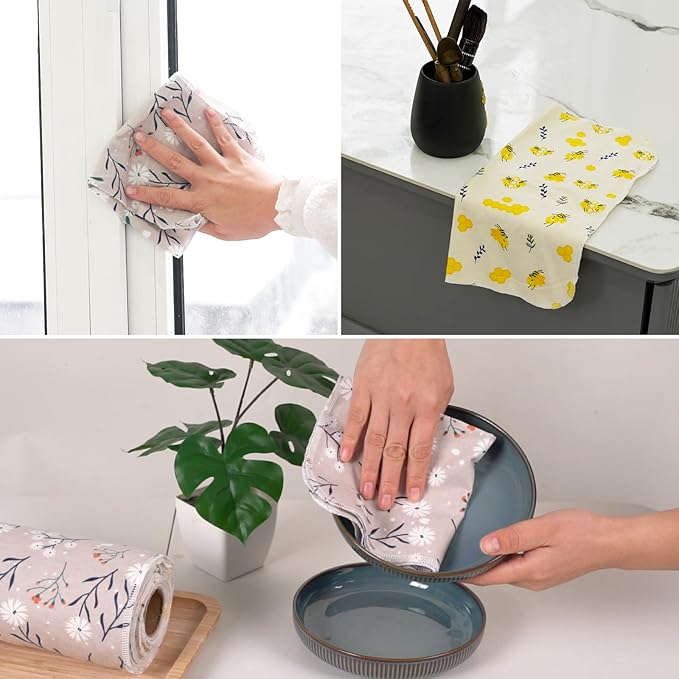 Reusable Dishcloths Kitchen Towels Cotton: 30 Packs 10X10 Washable Roll Paperless Paper Towels Absorbent Dishcloths Set Dish Tea Towel for Kitchen Drying (15Bee+15Daisy, 10×10")