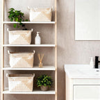 15L Laundry Baskets Waterproof Storage Baskets For Shelves Large Laundry Hamper With Leather Handle -set of 6 Cube Organizers Woven Bins for Bathroom,Bedroom,Pantry,Clothes,Car & Towels-Beige