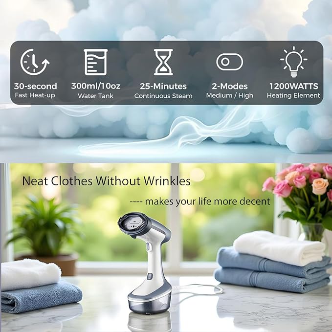 YIKA Steamer for Clothes, Travel Clothes Steam Iron, Portable Clothing & Garment Wrinkle Remover, 30s Heat Up, 300ml Detachable Water Tank, 25 Minutes Continuous Steam for All Kinds of Fabrics