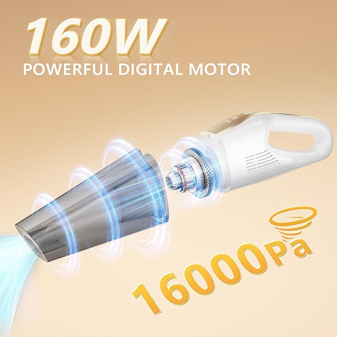 Handheld Vacuum Cordless, 16000Pa 160W Car Vacuum Cleaner with LED Screen,30Min Powerful Hand Held Vacuum Cleaner Portable Cordless Lightweight LED Light Fast Charge Multi-Nozzles for Home Car Office