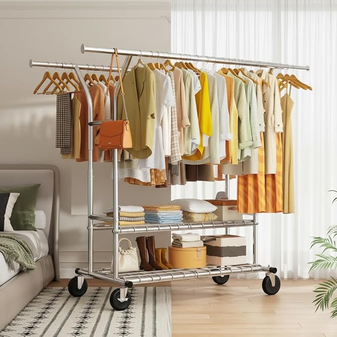 Raybee Clothing Rack Load 630 LBS, Clothes Racks for Hanging Clothes, Rolling Heavy Duty Clothing Rack, Metal Garment Rack for Clothes Storage Bedroom Closet Laundry Room