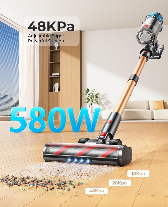 Cordless Vacuum Cleaner 580W/48Kpa, Stick Vacuum Cleaners 65 Mins Max Runtime with Charging Dock, Self-Standing Handheld Vacuum with Touch Display, 6-in-1 Vacuum Cleaner for Carpet/Hard Floor/Pet Hair
