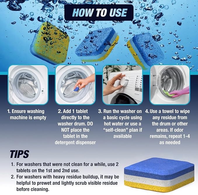 Washing Machine Cleaner Tablets 70 Pack for HE Front Load - Eco Friendly Washer Cleaning Tablets Formula - Pets Hair & Smell Solution - Septic Safe Descale Deodorize Protect - 1 Plus Year Supply