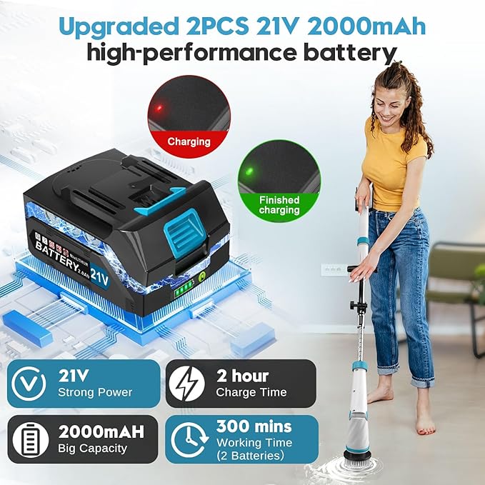 1500RPM Electric Spin Scrubber, 8 Brush Heads Electric Scrubber for Cleaning, Shower Scrubber with Long Handle and Two Battery, High Power Scrubber with Display for Bathroom/Tub/Floor