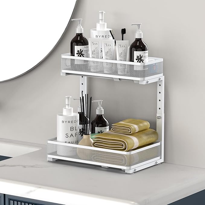 Under Sink Organizer, High Adjustable 2 Tier Under Sink Organizers and Storage, Slide Out Metal Cabinet Organizers, Pull Out Storage Drawer Shelf for Kitchen Bathroom Cabinet, White, 2 Pack