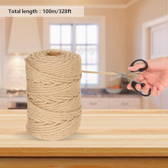 328ft Jute Twine 6mm 4-Ply Natural Thick Jute Rope 1/4' Heavy Duty Hemp for Cat Scratch Post, DIY Art Craft, Gardening, Home Decorating, Gift Wrapping