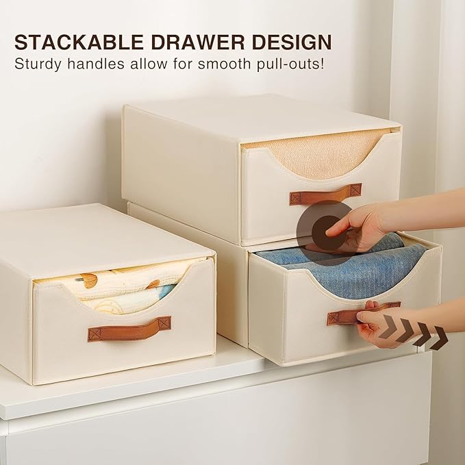 Closet Organizers and Storage - Large Stackable Storage Bins with Drawer, Fabric Bins for Organization, Collapsible Drawer Organizer Clothes for Bedroom, Living Room, 4 Pack, Beige