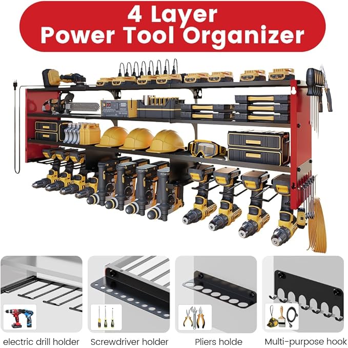 4 Layers Power Tool Organizer Wall Mount with Power Strip, Heavy Duty Metal Tool Shelf, 400lbs Capacity for Cordless Drills, Batteries & Garage Storage (12 Slots with 8 Outlets Power Strip)