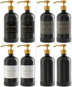 16oz Glass Soap Dispenser with Stainless Steel Pump, 21 Waterproof Labels, Non-Slip Protective Silicone Pad, Set of 2 for Bathroom & Kitchen (Gloss Black Bottle/Brushed Gold Pump)