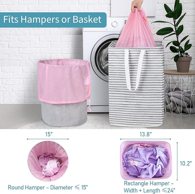 Polecasa Heavy Duty Diamond Large Mesh Laundry Bag with ID Tag and Locking Drawstring Closure - 24 x 36 inches - Laundry Hamper Liner, Washable Laundry Bags for Travel, Sports, Dorms (Pink)