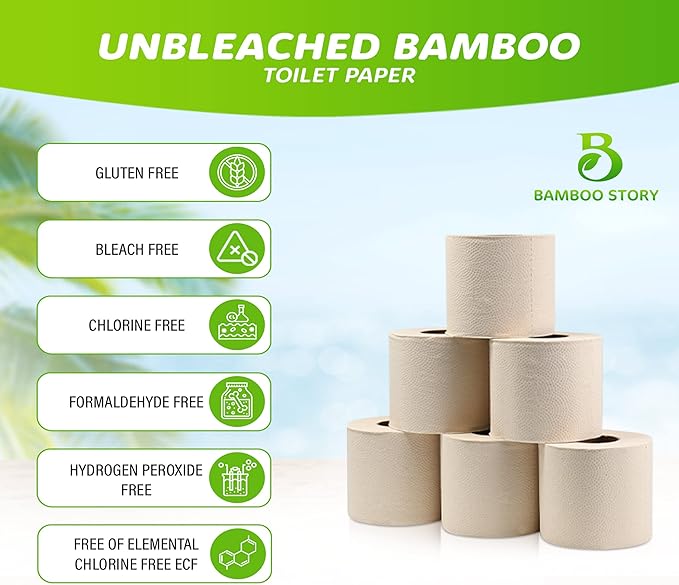 Eco Toilet Paper, 12 Rolls, 3-Ply, 300 Sheets, 100% Unbleached Bamboo, Chemical-Free, PFAS-Free, Vegan, Plastic-Free, Plant-Based Tissue, FSC Certified, Gentle, Strong & Sustainable