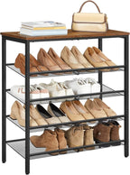 HOOBRO Shoe Rack for Entryway, 5-Tier Shoe Organizer with Adjustable Mesh Shelves, 16-20 Pairs of Shoes, Spacious Floor Mount, Metal, Industrial, Shoe Shelf for Closet, Rustic Brown BF12XJ01