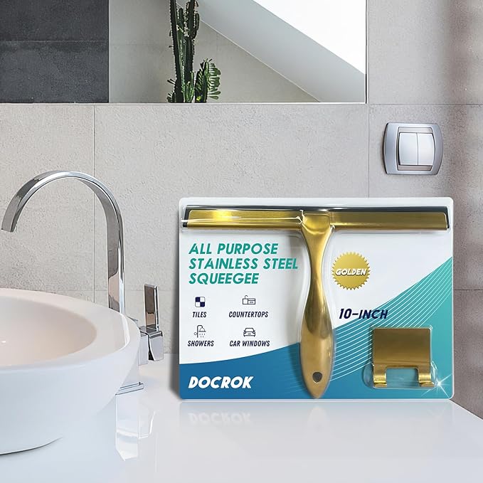 All-Purpose Stainless Steel Shower Squeegee for Shower Glass Door with Adhesive Hook, Bathroom Cleaner Tool Household Window Mirror Squeegee for Glass Doors, Cleaning Tile Wall, Car, 10 inch, Golden