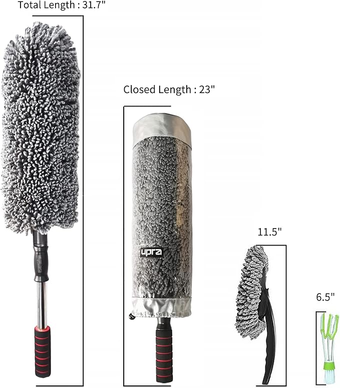 upra Ultimate Car Duster Kit，Best Microfiber Multipurpose Duster,Interior &Exterior Cleaning Tools,Dashboard Detailing Brush,Scratch Lint Free,Pollen Removing,extendable Handle,Tuck,SUV,RV,Set of 4
