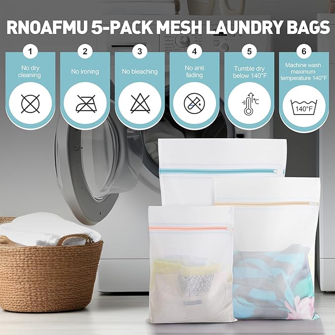 5-Pack Mesh Laundry Bags for Delicates | Zippered Wash Bags for Bras, Shoes, Travel, College Dorm Essentials in 3 Sizes (2 Small, 2 Medium, 1 Large)