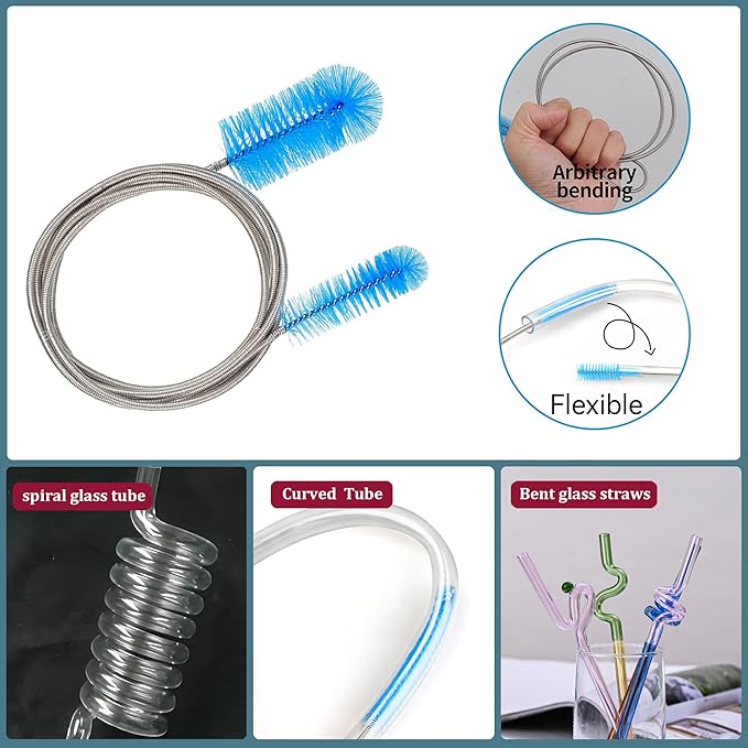 Set of 12 Tube Pipe Cleaners Kit - for Cleaning Narrow Neck Bottle, Curved Glass Tube, Hard-to-Reach Crevices,17” Long Handle Brush,8.2” Multi-Diameters Brushes,35” Flexible Dual-Head Cleaner