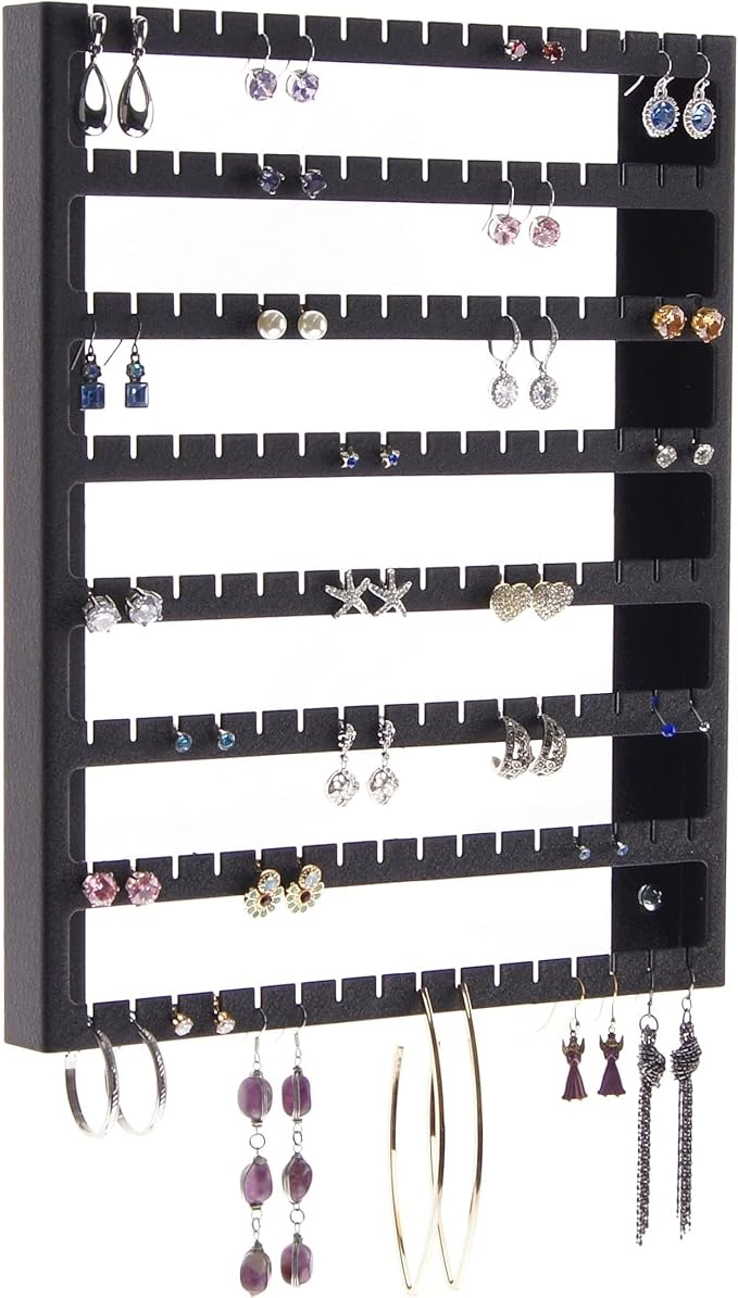 Angelynn's Wall Mounted Earring Holder Organizer Display for Women Small Earrings ONLY, Post Stud Dangle Pierced Earrings, Hanging Closet Jewelry Storage Rack, Luka Black 9"x11"