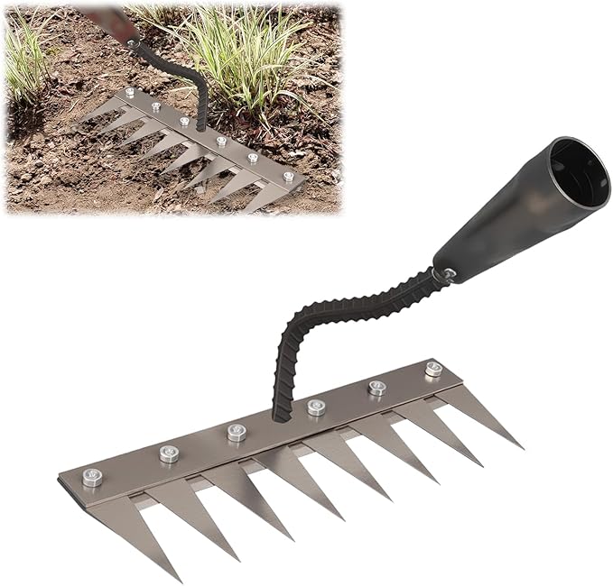 Iron Weeding Rake 2.0, New 5/6/7/8 Teeth Carbon Steel Garden Weeder Rakes, Weeder Puller Tool for Yard Lawn and Garden, Heavy Duty Metal Rake for Lawn, Flower Beds & Soil Aeration(8 Teeth)