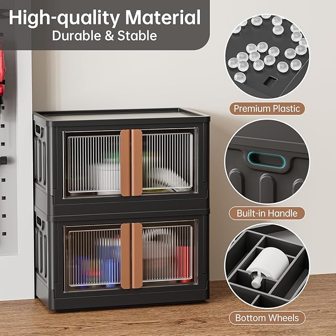 HAIXIN Storage Bin with Lid 19 Gal - Foldable Closet Storage and Organization Plastic Stackable Storage Box with Rollers Black Cube Container for Home Garage Office Craft, 1 Pack